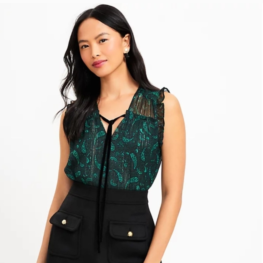 EUC LOFT Womens Large Shimmer Paisley Velvet Flutter Tie Neck Blouse Green Black